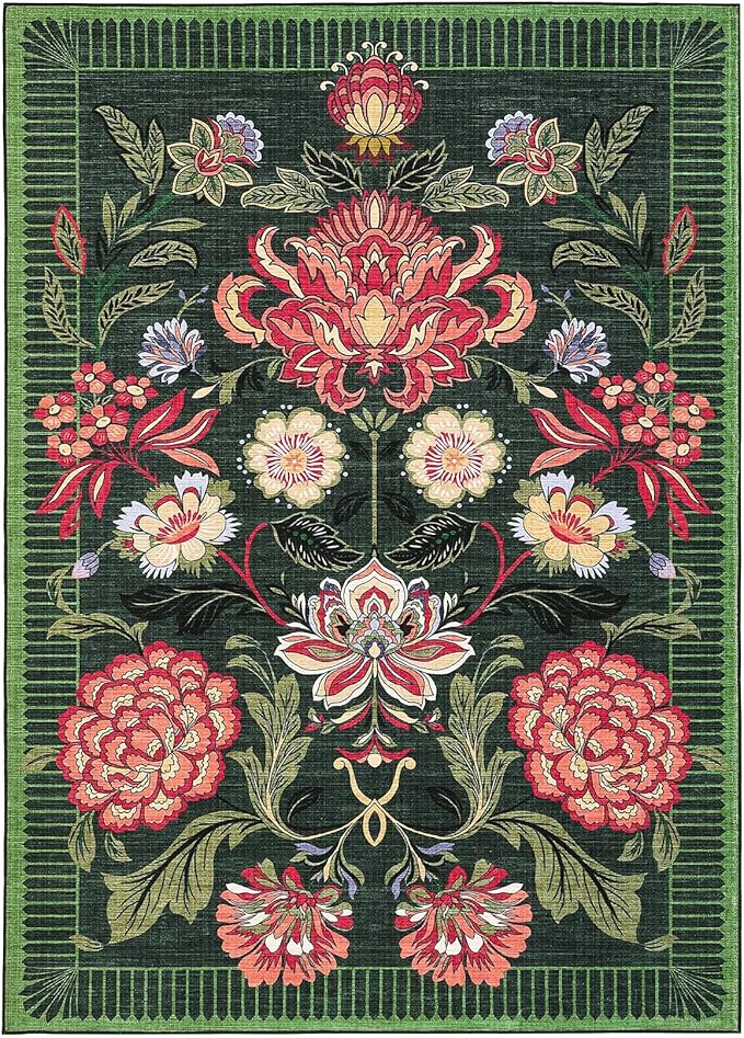 GarveeHome Forest Green Floral Botanical Washable 9x12 Rug for Living Room Soft Vintage Boho Cottage Large Rugs Low-Pile Carpet for Bedroom Dining Nursery Rug