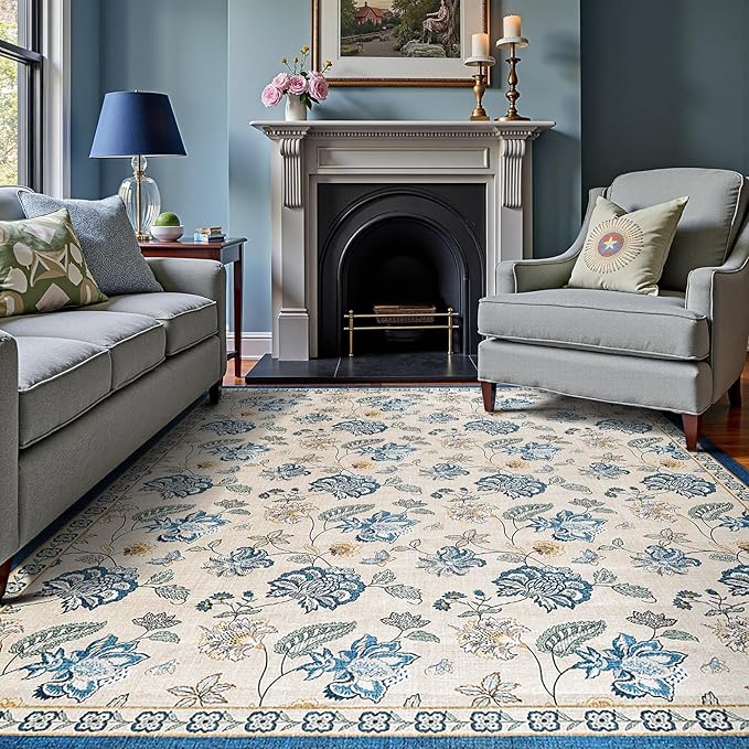 jinchan 8x10 Floral Rug for Living Room Washable Bedroom Rug Vintage Romance Design Non Slip Thin Indoor Floor Cover Large Low-Profile Throw Carpet for Dining Room Office, Blue/Beige