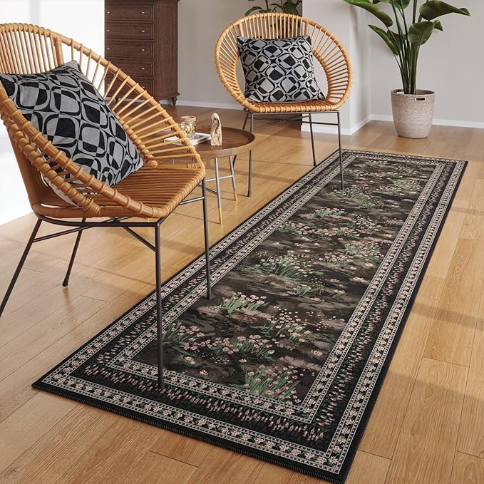 Runner Rug Impressionist-Style Vintage Kitchen Rugs Non Slip Washable Soft Carpet Runner for Kitchen Laundry Bedroom Bathroom, Black