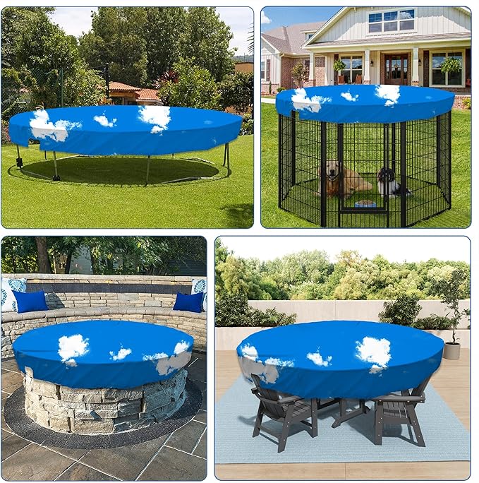 ECOOPTS 7 ft Waterproof Round Polyester Pool Cover for Above Ground Pools, Swimming Pool Cover Protector Winter Safety Cover (Blue Sky)