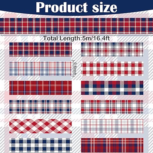 12 Rolls Basic Grid Washi Tape Set, Red Blue White Plaids Decorative Paper Stickers for Thanksgiving Christmas Independence Day Scrapbook Journaling DIY Art Crafts Gift Wrapping 16.4FT