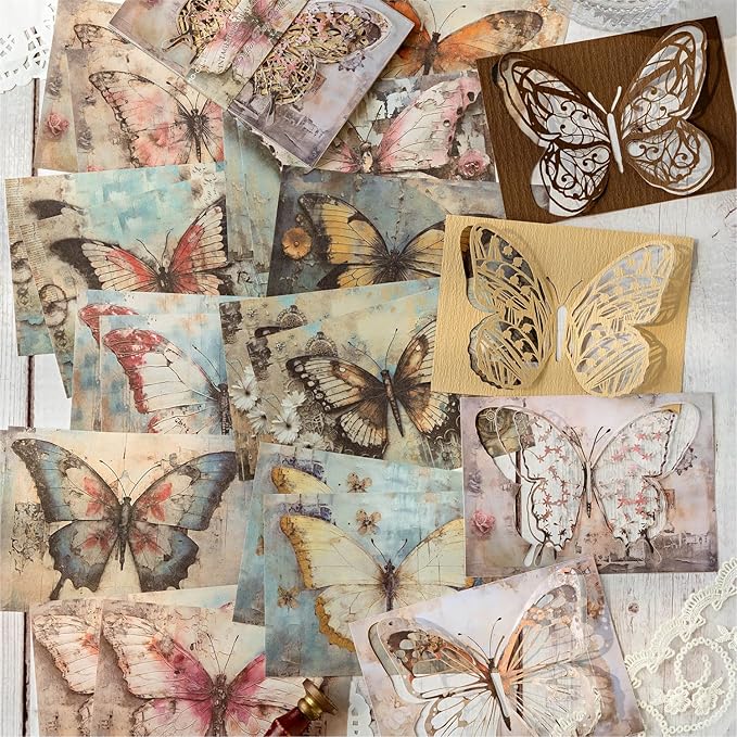Vintage Butterfly-Themed Scrapbook Paper Set, 144 PCS Including Hollow-Out and Decorative Paper for Junk Journaling, Scrapbooking, DIY Crafts, and Art Supplies