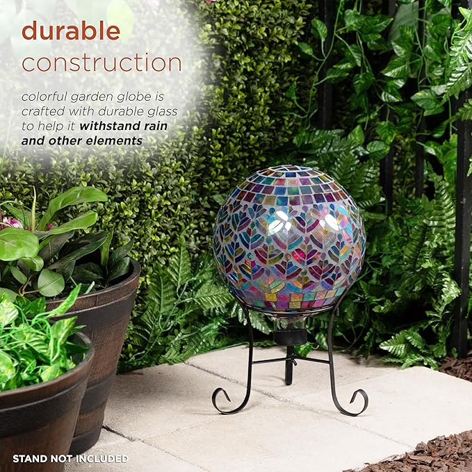 Alpine Corporation - Outdoor Glass Mosaic Peacock Gazing Globe - Iridescent Garden Decor, 10" Diameter, Multicolor