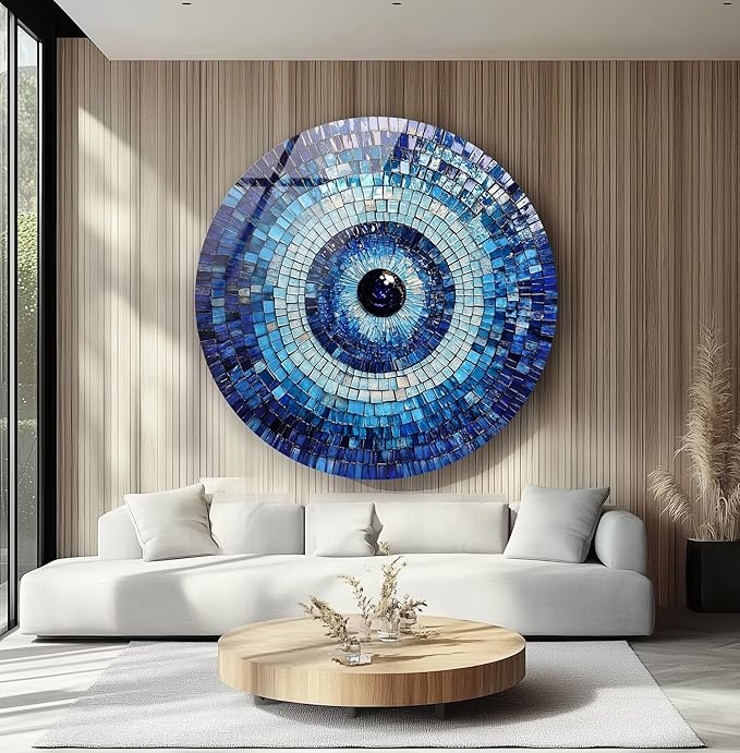 My Photostation.com 10''(25cm) Diameter Blue Mosaic Evil Eye Round Glass Wall Art Tempered Glass Printing Wall Decor Large Wall Art Wall Hangings