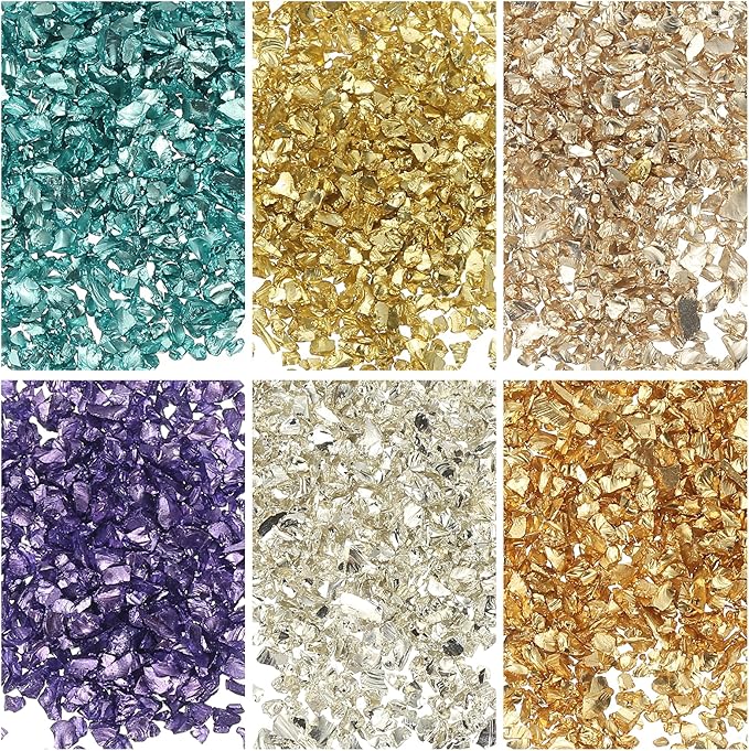 uxcell 6 Colors Crushed Glass Chips, 1-3mm Irregular Glitter Metallic Glass Broken Glasses Pieces with Laser Bag for Craft DIY Vase Epoxy Halloween Decoration 31g, Solid Colors