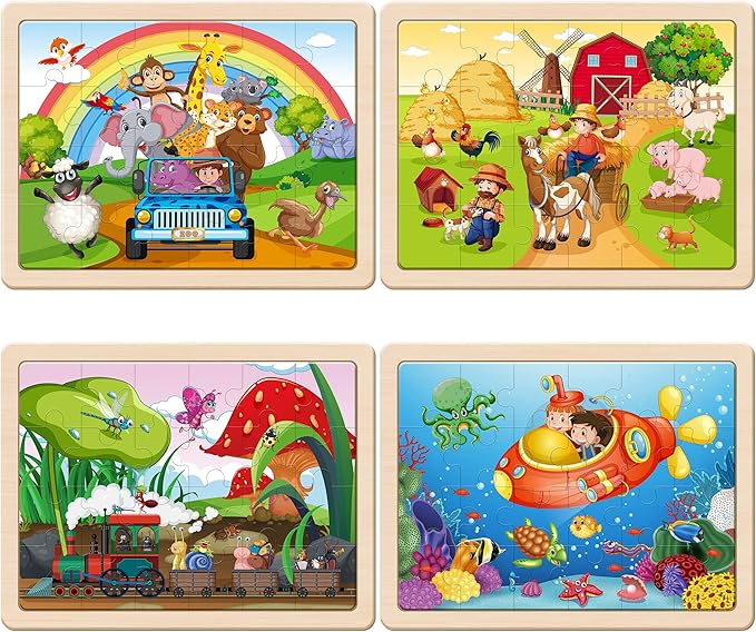 SYNARRY Large Animals Wooden Puzzles for Kids 4 in 1 Gift Box(12.2 * 9.4 in) - FSC Certified, Jigsaw Puzzles for Toddlers 3-5, Puzzles for Kids Ages 4-6, Wood Toys Gifts for 3 4 5 Year Old Boys Girls