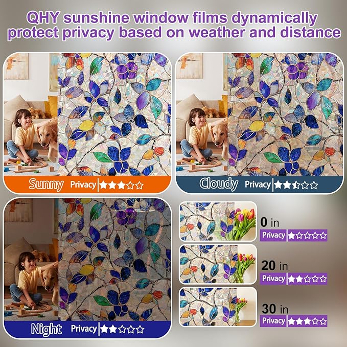 Stained Glass Window Privacy Film Decorative Rainbow Static Clings – Ideal for Home & Office, Adhesive-Free, Removable, UV-Blocking(Purple Rainbow, 23.6 X 78.7 in)