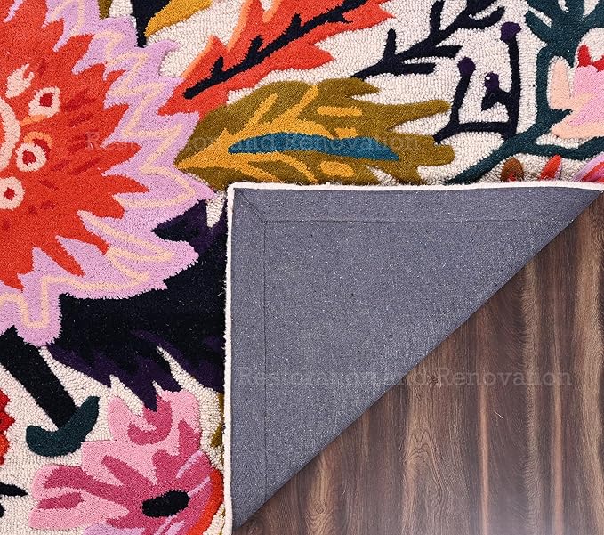 Handmade Wool Floral Area Rug for Living Room | Elegant Flower Garden Design, Soft, Thick and Durable | Bedroom, Dining Room & Home Decor Carpet (2.6' x 8', Floral E)
