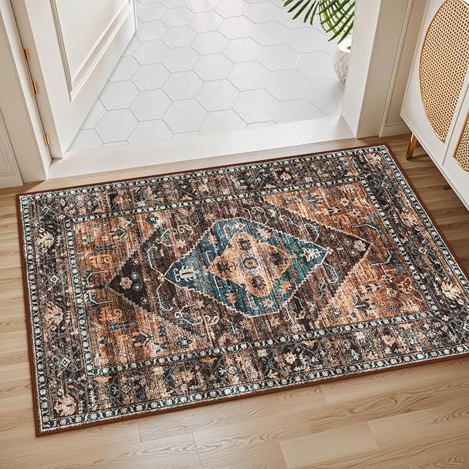 Lahome Door Rugs for Entryway Indoor - 2x3 Washable Stain Resistant Kitchen Rug Rubber Backing Ultra-Thin Small Door Mats Indoor Entrance, Vintage Print Throw Rug for Bathroom Bedroom