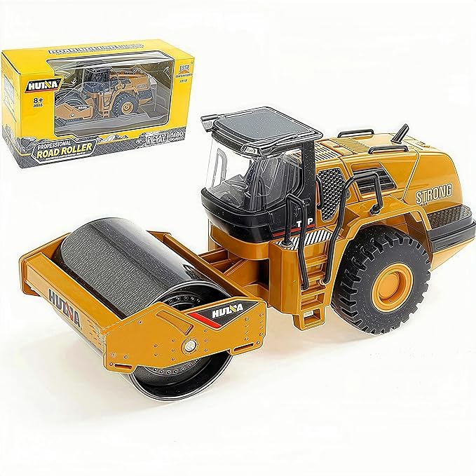 Gemini&Genius Road Roller Toy for Kids, Heavy Duty Construction Vehicle Toys 1-50 Scale Alloy Road Trucks, Car Toys Collection, Display and Play Truck for Kids (Brown)