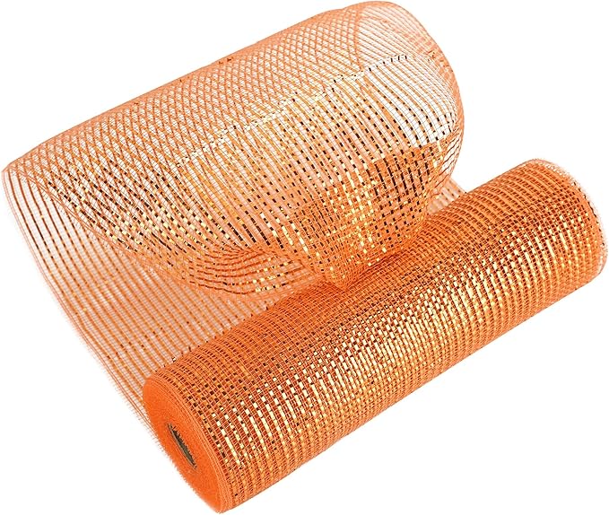 MEEDEE Orange Deco Mesh 10 Inch Deluxe Wide Foil Fall Deco Mesh Metallic Mesh Fabric Halloween Mesh Ribbon for Wreaths, Garland, Christmas Tree, Gift Wrapping, Bows Making (30 Feet)