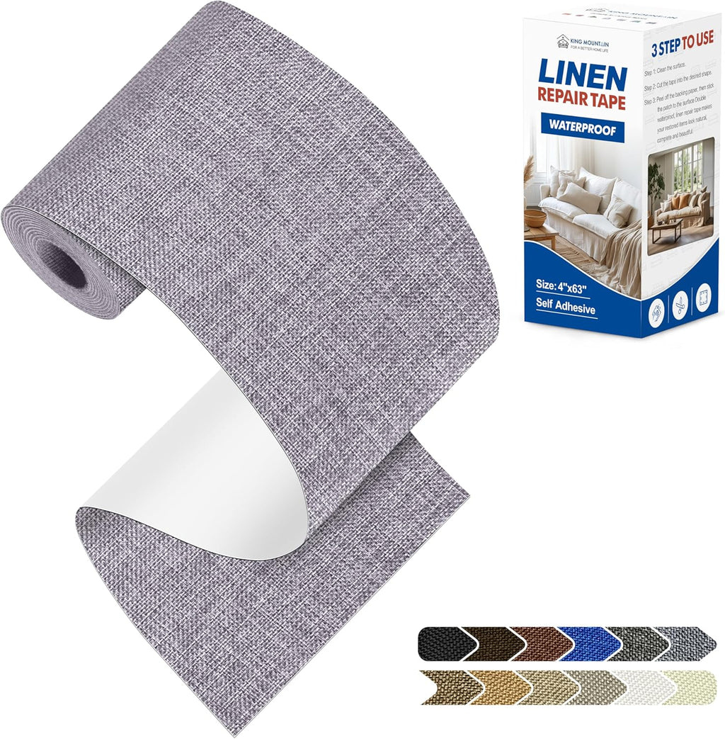 KING MOUNTAIN Linen Repair Patches, Self-Adhesive Linen Fabric Patches, 4 X 63 inch Extra Size, Multi Color, Can be Used for Linen Sofa Repair and Linen Clothes Repair (Light Grey)