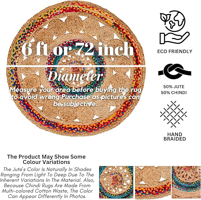 6' Round Handwoven Jute Chindi Area Rug - Colorful Boho Rugs for Living Room - Hand Braided Multicolor Bohemian Rug for Farmhouse, Bedroom, Dining Room, Classroom, Hallway, Kitchen, Office