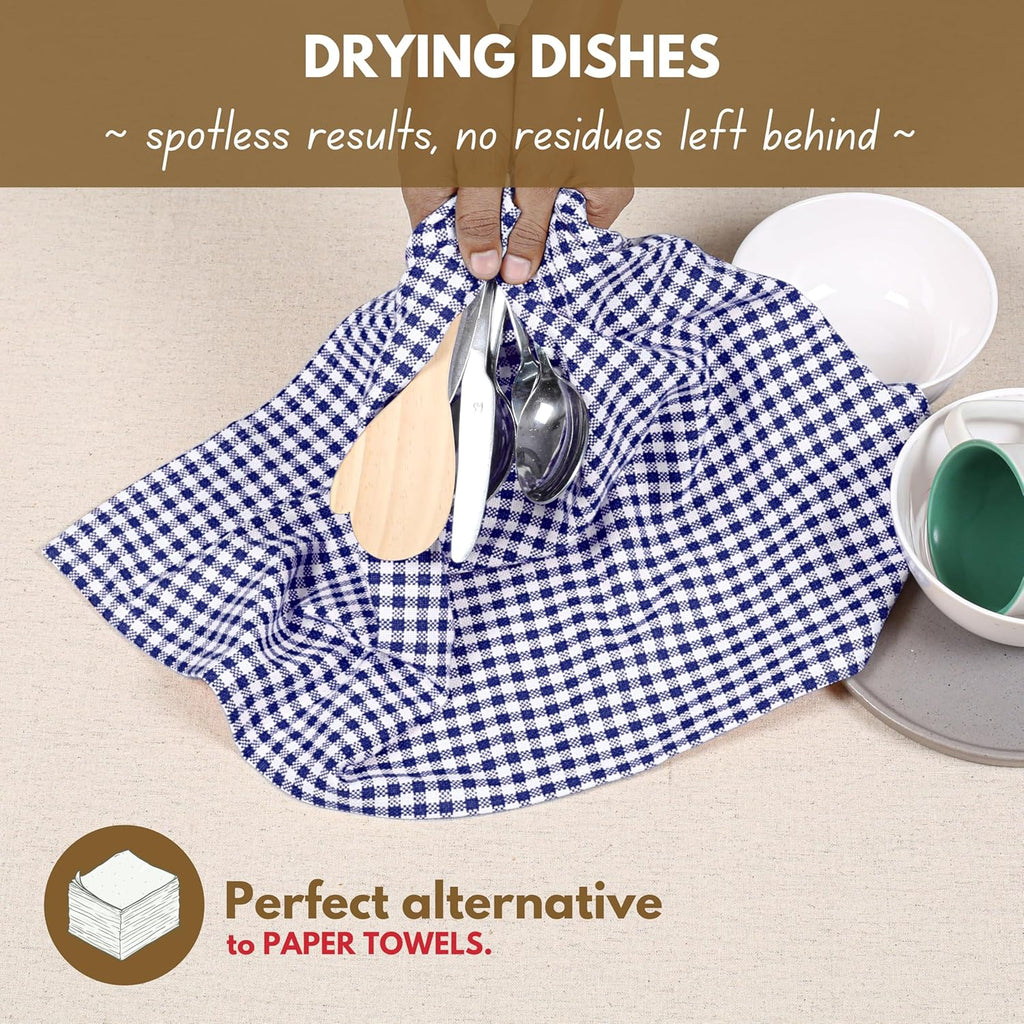 Native Fab Gingham Dish Towels 16x26 inches Set of 4 - Absorbent Washable Dishcloths, Dish Towels for Quick Drying Dishes, Kitchen Hand Towels with Hanging Loop, Blue White