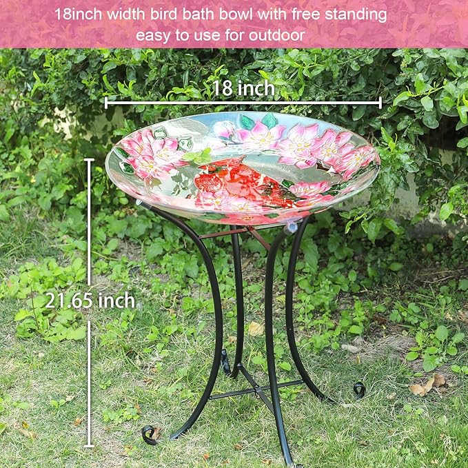 MUMTOP Outdoor Glass Birdbath with Metal Stand for Outside Lawn Yard Garden Cardinal Decor,18” Dia/21.65 Height