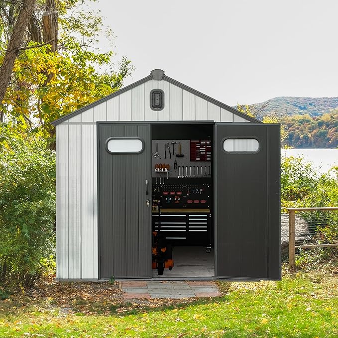 Domi 8x8 FT Outdoor Resin Storage Shed, All-Weather Double-Wall Storage Building for Backyard, Garden, Lawn Tools, Mower, Bike & Pool Equipment, Lockable Doors, Ventilated Roof, Grey