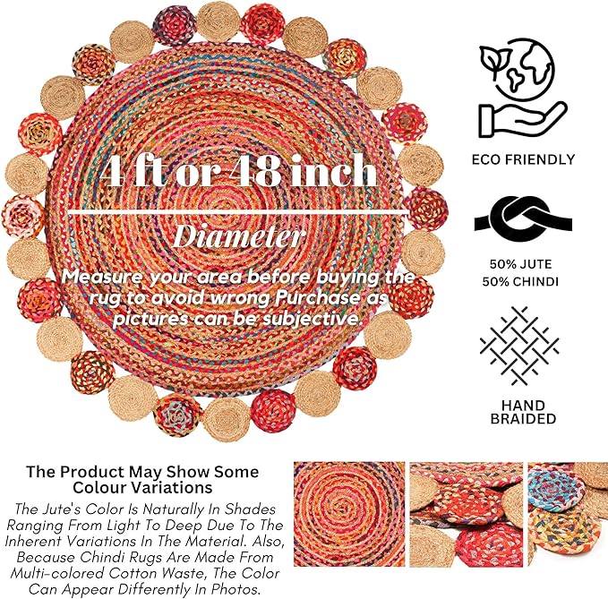 4' Round Handwoven Jute Chindi Area Rug - Colorful Boho Rugs for Living Room - Hand Braided Multicolor Bohemian Rug for Farmhouse, Bedroom, Dining Room, Classroom, Hallway, Kitchen, Office