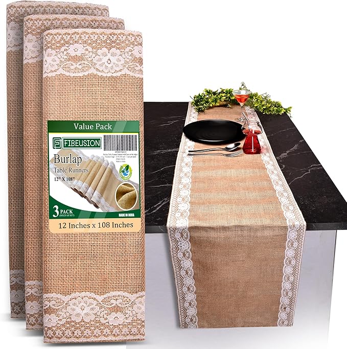 Burlap Lace Table Runner (Pack of 3) – 12”x 108” - No-Fray Finished Edge Natural Table Runner – No Odor, Eco-Friendly Burlap Runner - Perfect for Christmas, Wedding, Thanksgiving