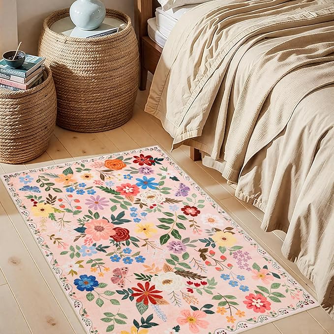 Entryway Rug 2X3 Small Rugs: Floral Washable Door Mat Vintage Soft Low Pile Non-Slip Kitchen Rugs Stain Resistant Indoor Throw Rug for Entrance, Bedroom, Kitchen, Laundry, Bathroom Beige