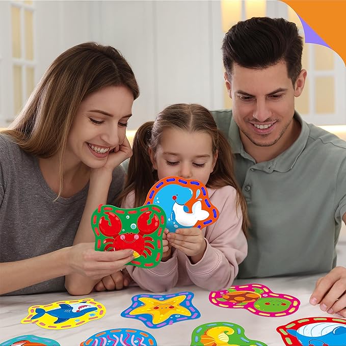 9 Pieces Kids Lacing Cards, Double Sided Sewing Cards in 9 Marine Animal Cards with 9 Colorful Laces, Imagination Development Lacing Toys Games for Children Educational and Learning Activity