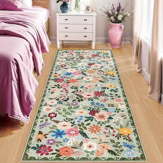 Runner Rug for Entryway: 2x6 Kitchen Rugs Non Slip Washable Ultra-Thin Soft Floral Carpet Indoor Floor Stain Resistant Carpets for Hallway Bedroom Kitchen Laundry Bathroom Dorm Green