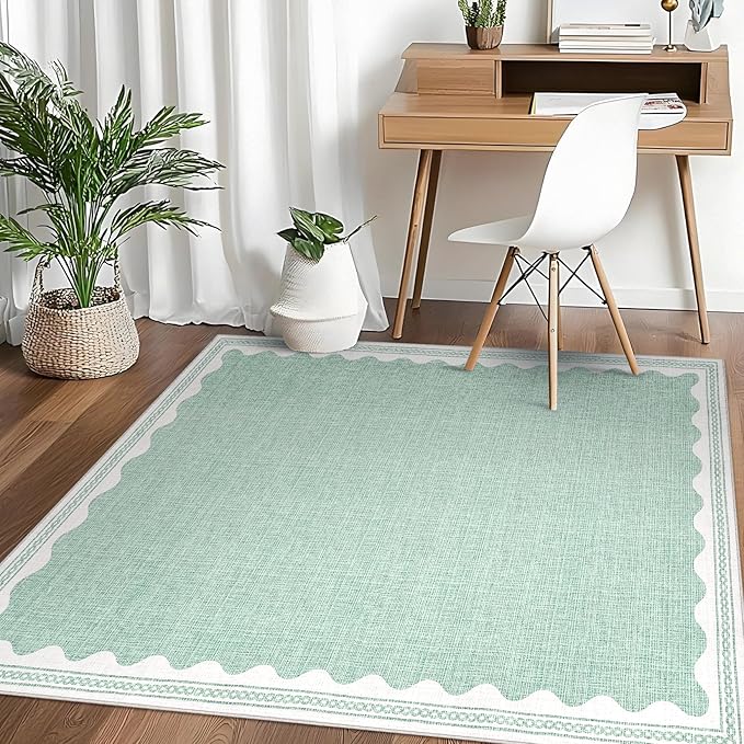 Scalloped Washable Rug 5x7 Area Rugs for Living Room, Solid Green Rug for Bedroom Girls, Non Slip Scalloped Rugs Throw Mat with Rubber Back, Soft Dorm Nursery Low Pile Carpet for Dining Room