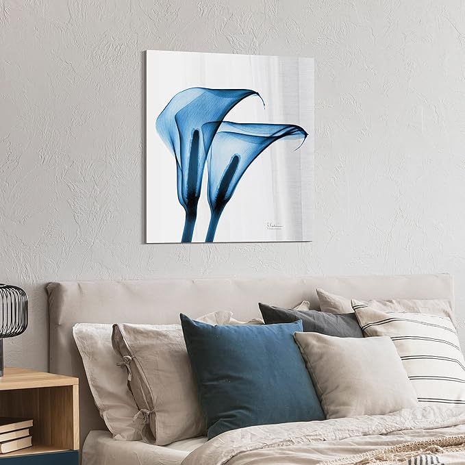 Empire Art Direct Frameless Free Floating Tempered Glass Panel Graphic Wall Art Ready to Hang, 24" x 24", Indigo Calla Lililes, Blue Flower