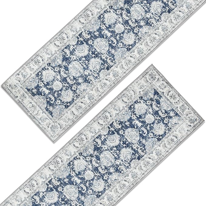 jinchan Runner Rug 3x8-2pcs Kitchen Washable Vintage Hallway Rug Floral Print Floor Cover Indoor Thin Retro Mat Accent for Bathroom Laundry Room Bedroom Office Farmhouse (Double,Dark Blue)