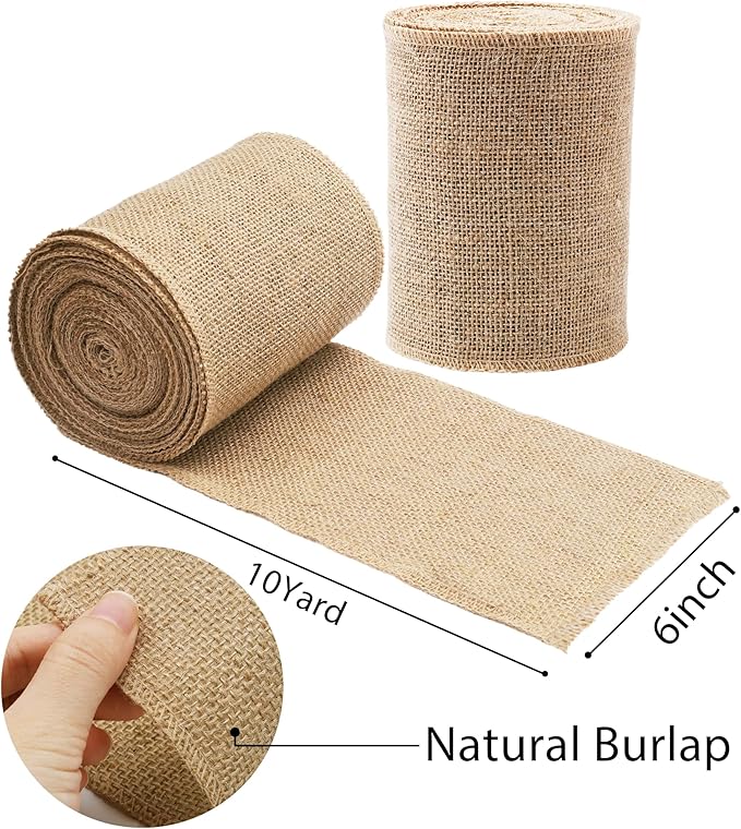 LaRibbons 2 Pcs 6 Inch Burlap Wide Fabric Craft Ribbon,10 Yard Per Roll, Natural Brown Ribbon for Bow Crafting,Wreath-Making, Tree Decoration