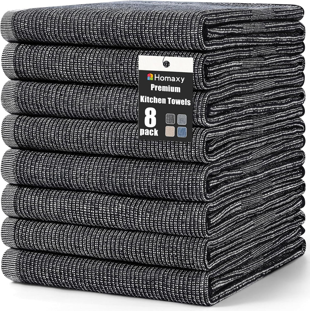 Homaxy Premium Kitchen Towels(18”x 28”, 8 Pack), Large Cotton Kitchen Hand Towels, Flat and Terry Dish Towels, 380 GSM Highly Absorbent Tea Towel Set with Hanging Loop, Black