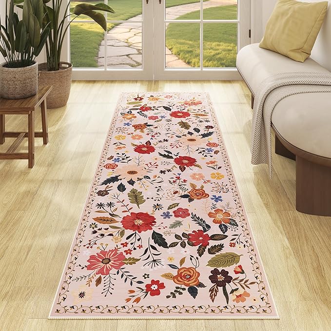 Rug Runners 2x6, Floral Washable Kitchen Rugs for Hallways Area Rugs, Non Slip Long Rug Low Pile Doormat Flower Carpet for Kitchen, Entryway Indoor, Bedroom, Bathroom, Laundry, Pink/Beige