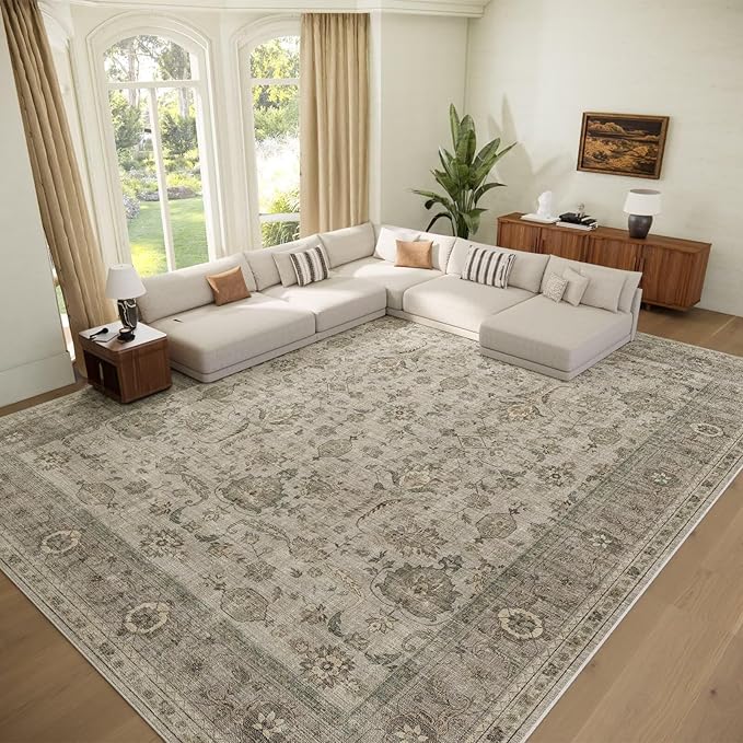 Washable 10x14 Area Rugs for Living Room, Boho Non-Slip Silicone Backing Rugs for Bedroom Dining Room Office, 0.3" Neutral Oriental Throw Carpet with 0.16" Cushioning Pad, Light Brown/Multi