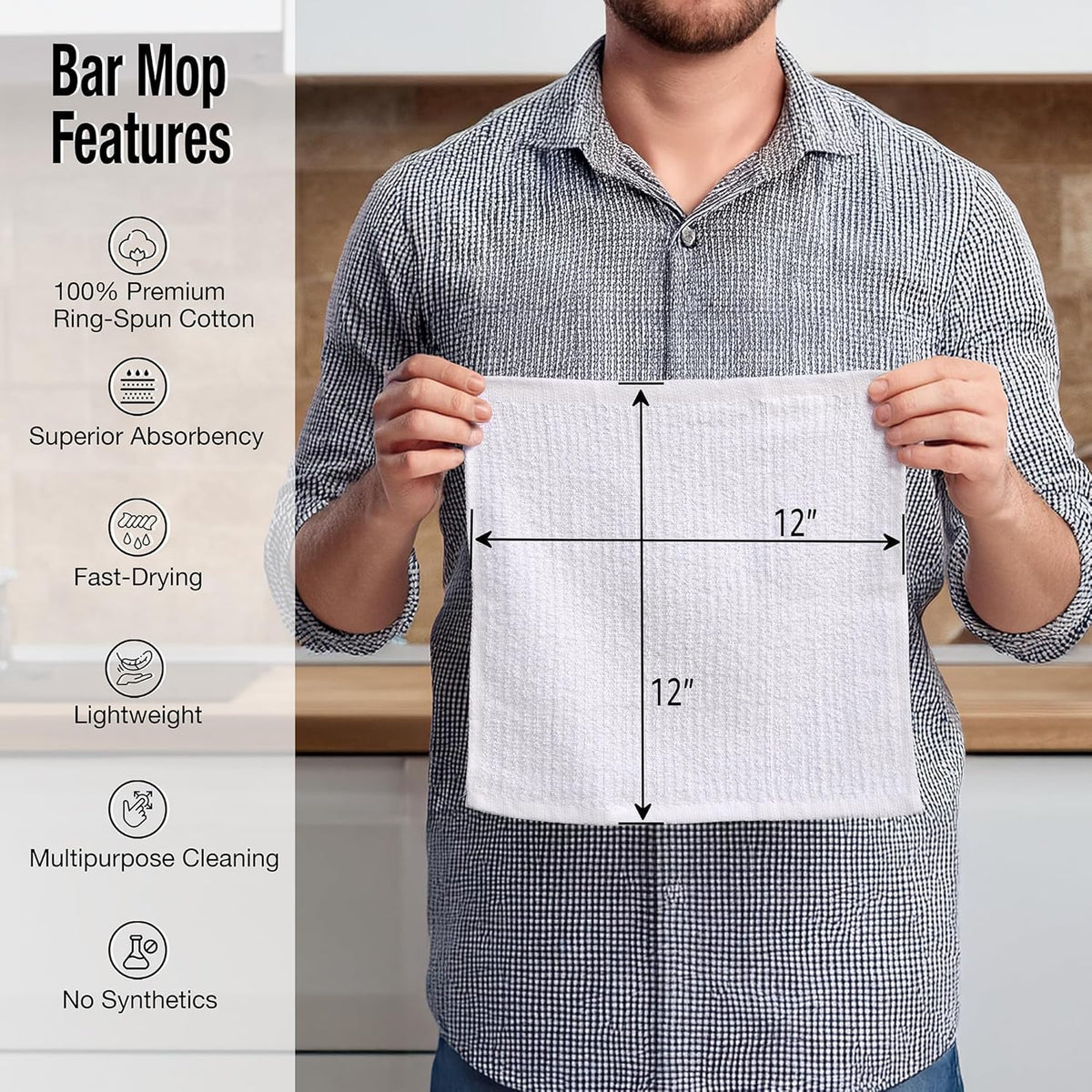 Bar Mop Cleaning Kitchen Dish Cloth Towels 12" x 12", 100% Cotton, Machine Washable, Everyday Kitchen Basic Utility Bar Mop Dishcloth Set of 24, White