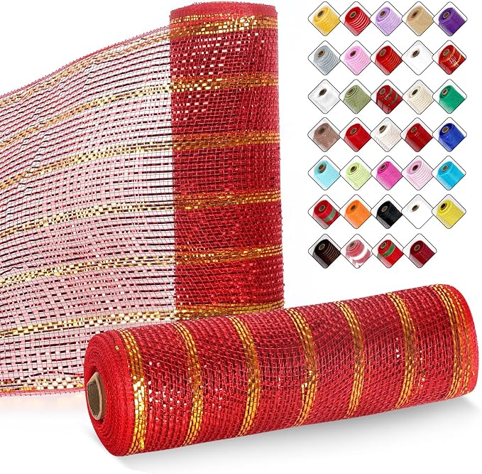 2 Rolls Mesh Ribbon for Wreaths 10 Inch x 30 Foot Wreath Mesh Rolls with Metallic Foil for Easter Christmas Party Wedding Home Decor DIY Craft Projects and Gift Wrapping (Red/Gold-Wide)