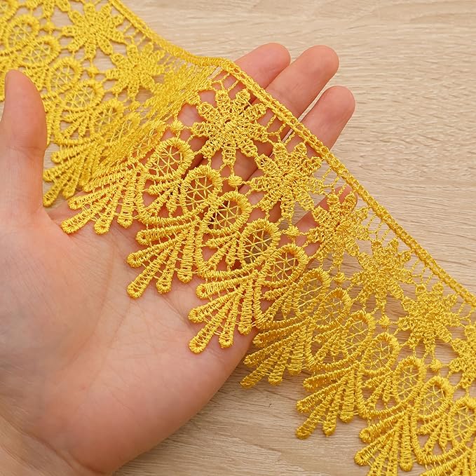 GXTIZAS Yellow Lace Trim 5 Yards Wide Venise Lace Ribbon Embroidered Edge Trim for Sewing Crafts Pillow Case