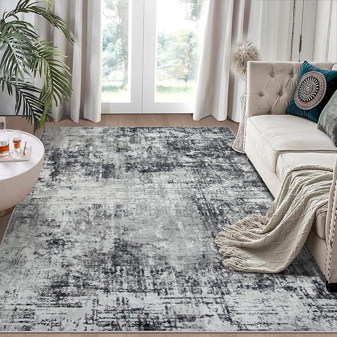 4x6 Area Rugs for Living Room Rug Washable: Modern Large Rug for Dining Room Bedroom Carpet Non Slip Low Pile 4 by 6 Indoor Abstract Nursery Home Office Black Grey