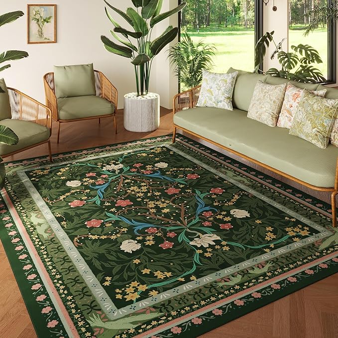 5x7 Washable Rug Vintage Floral Botanical Area Rug Non Slip Low Pile Large Rugs for Living Room, Bedroom, Farmhouse, Dining Room, Kids Playroom, Green