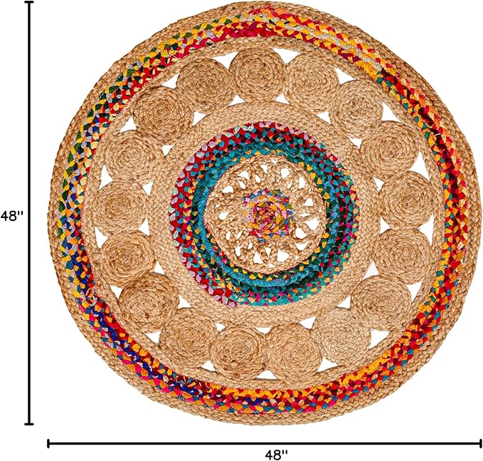4' Round Handwoven Jute Chindi Area Rug - Colorful Boho Rugs for Living Room - Hand Braided Multicolor Bohemian Rug for Farmhouse, Bedroom, Dining Room, Classroom, Hallway, Kitchen, Office