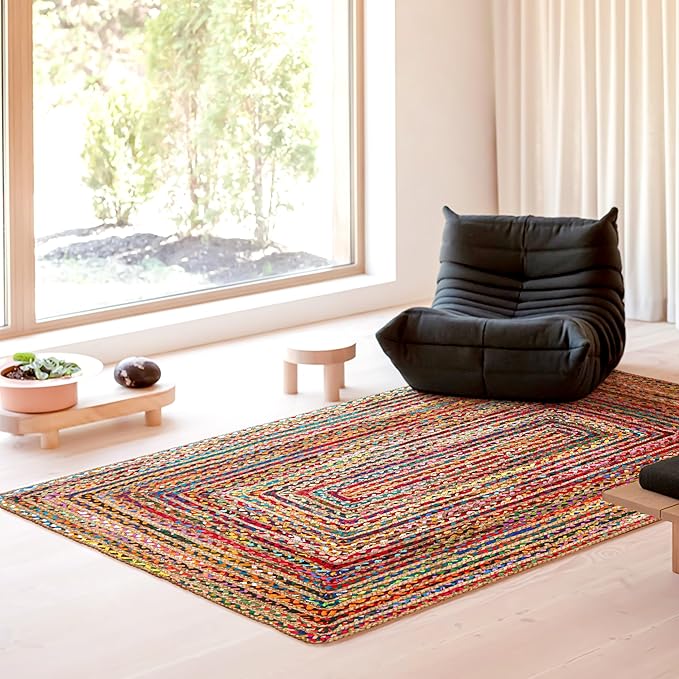 4'x6' Handwoven Jute Chindi Area Rug - Colorful Boho Rugs for Living Room - Hand Braided Multicolor Bohemian Rug for Farmhouse, Bedroom, Dining Room, Classroom, Hallway, Kitchen, Office