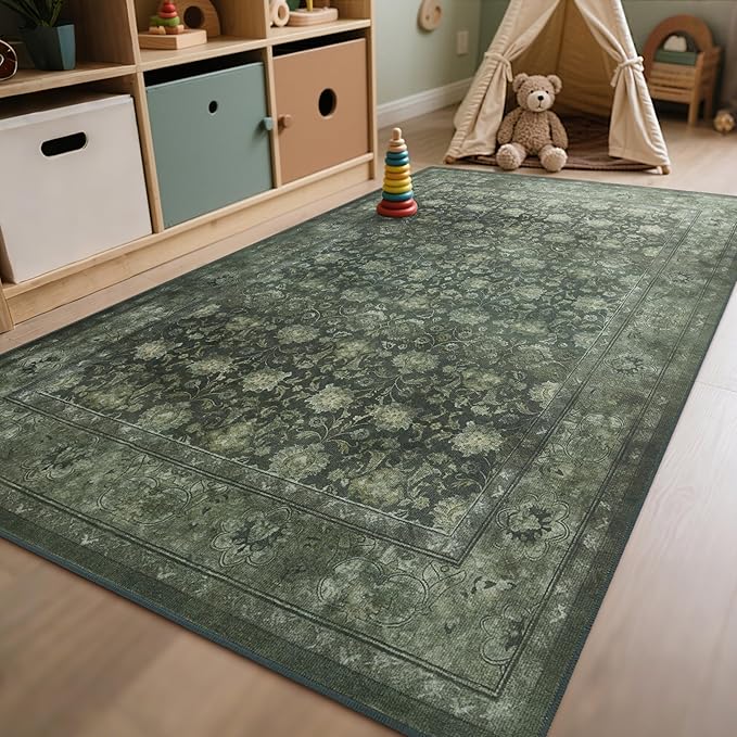 5x7 Washable Area Rug for Living Room, Non Slip Vintage Floral Rugs for Bedroom, Retro Indoor Floor Carpet for Kitchen, Dining Room, Farmhouse, Classroom (Distressed Green)
