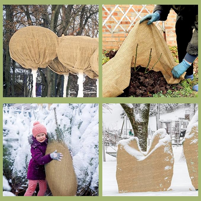 Buryeah 60 Inch x 33 ft Burlap Fabrics Roll Natural Jute Burlap Tree Wraps Protector Winter Frost Plant Blankets Cloth Weed Barrier Fabric Garden Plants for Winter Outdoor Trees Shrubs Party