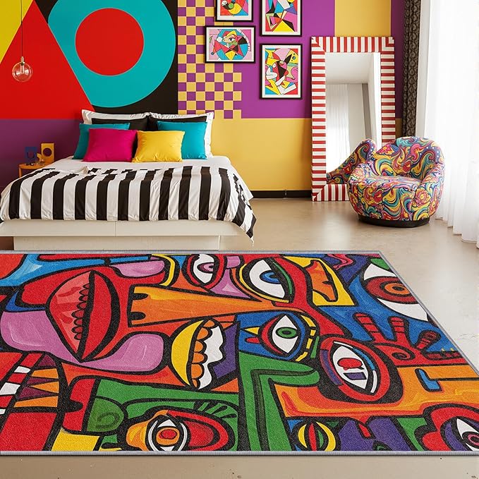 Abstract Rugs for Bedroom - 3x5 Rug - Abstract Rug - Colorful Graffiti Area Rug - Modern Geometric Pop Art Rugs - Multicolor Artistic Carpet - Home Decor