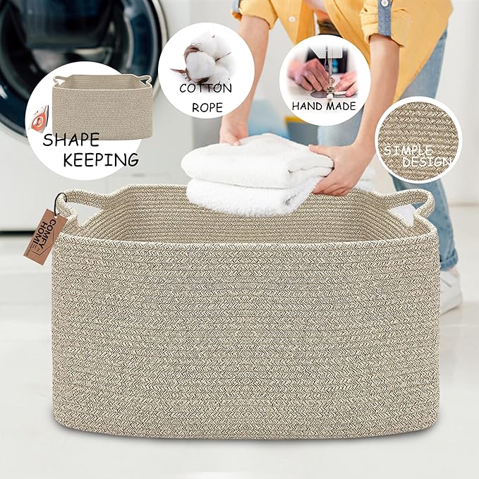 COMFY-HOMI Large Rectangular Blanket Basket, Woven Cotton Rope Baskets for Storage, Laundry Hamper Basket, Storage Bin,Toy Organizing Bin with Handle, Organization and Storage-22x15x12”-Brown