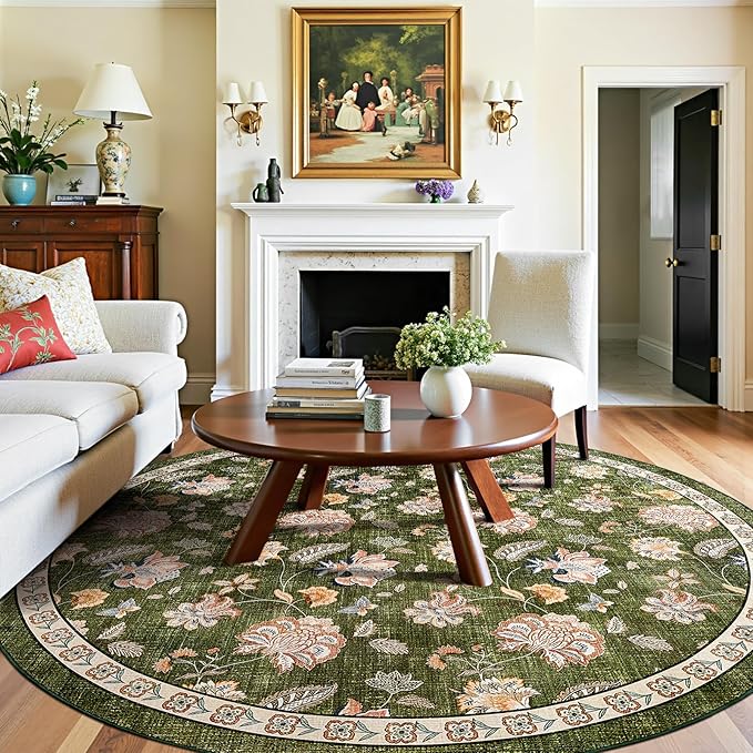 jinchan 7ft Floral Round Rug for Dining Room Washable Living Room Rug Vintage Romance Design Non Slip Indoor Floor Cover Lightweight Low-Profile Throw Carpet for Bedroom Porch Patio, Green