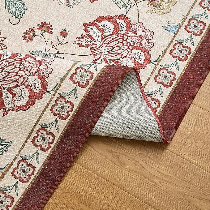 jinchan 6ft Floral Round Rug for Dining Room Washable Living Room Rug Vintage Romance Design Non Slip Indoor Floor Cover Lightweight Low-Profile Throw Carpet for Bedroom Porch Patio, Red/Beige