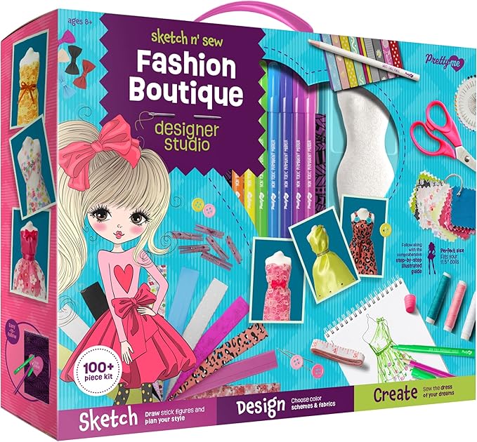 Pretty Me Fashion Design Studio - Sewing Kit for Kids - Designer Dress Girls Arts Crafts Kits Ages 8, 9, 10, 11, 12 Age - Sketch, Sew, Style - Kid Art Projects Gift - Girl Craft Activities Gifts