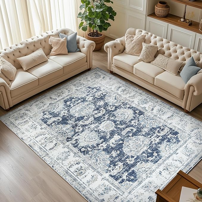 jinchan 8x10 Area Rugs for Living Room Machine Washable Vintage Floral Distressed Design Stain Resistant Boho Carpet Low Pile Non-Slip Rug for Bedroom Dining Room Home Office (8‘x10',Dark Blue)