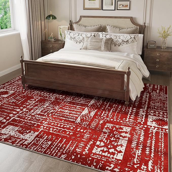 Area Rugs 8x10 Rug for Living Room Clearance Washable Boho Area Rug Non Slip Moroccan Vintage Low Pile Large Rug for Living Room, Bedroom, Farmhouse, Dining Room, Kids Playroom(Terracotta)