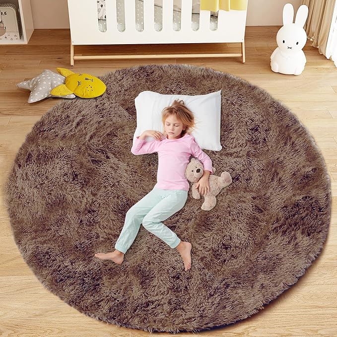 4FT Round Rug for Bedroom: Fluffy Shag Soft Washable Rugs Circle Small Fuzzy Plush Indoor Carpet for Living Room Nursery Playroom Dorm Kids Girls Boys Room (Coffee, 4'x4')