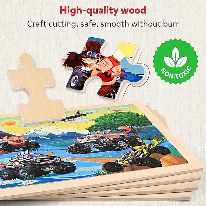 SYNARRY Large Wooden Monster Truck Puzzles for Kids Gift Box(12.2*9.4 in) - FSC Certified, 24 Piece Puzzles for Toddlers 3-5, Wood Puzzle for Kids Ages 4-6, Toys Gifts for 3 4 5 6 Year Old Boys Girls